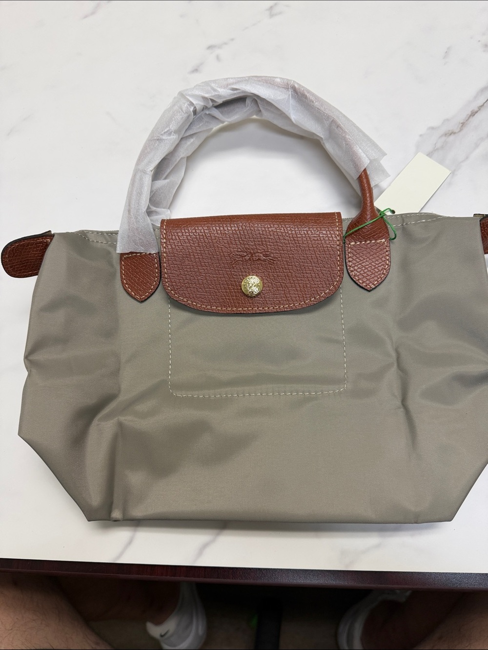 Everyday Nylon Tote with Brown Trim in Taupe